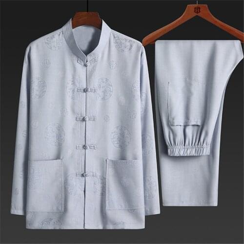 Tai Chi Suit 2020 Autumn New Chinese Mens Cotton Linen WuShu Clothing Long Sleeve Shirt+Long Pant Kung Fu plus size with pocket