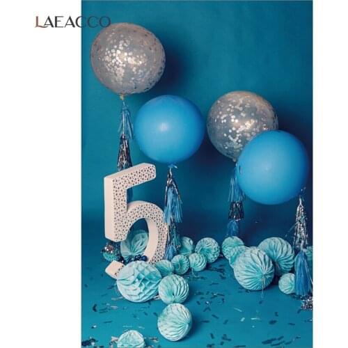 Laeacco 5th Birthday Backdrops For Photography Blue Wall Balloons Paper Flowers Photo Backgrounds Baby Portrait Photocall Props