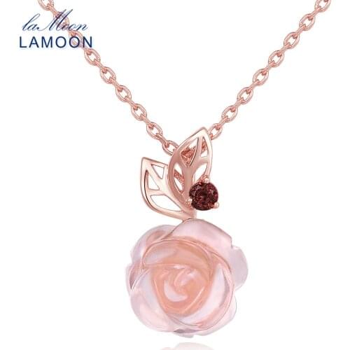 LAMOON- FlowerRose 9mm 100% Natural Gemstone Rose Quartz Chain Necklace 925 Sterling Silver Jewelry LMNI025
