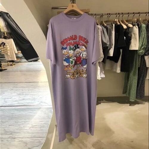 Summer new fashion all-match female dress cartoon loose short sleeves over the knee long T-shirt skirt