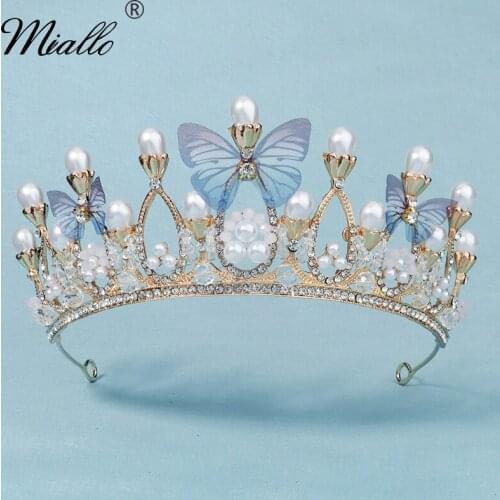 Miallo Butterfly Pearl Tiaras and Crowns for Women Hair Accessories Party Gold Color Bridal Wedding Hair Jewelry Headpiece Gift