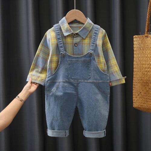 Mens and womens baby clothes 2021 large plaid shirt boys spring and autumn cartoon denim overalls girls long-sleeved suit