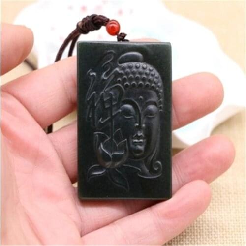 Natural Green Real HETIAN stone Pendant Carved Shakyamuni Buddha Head Pendant Necklace Mens Jewelry Free Rope