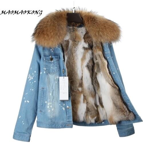 2017new fashion brand women denim coat girl denim jacket real rabbit fur thick lining raccoon fur collar bomber jacket keep warm