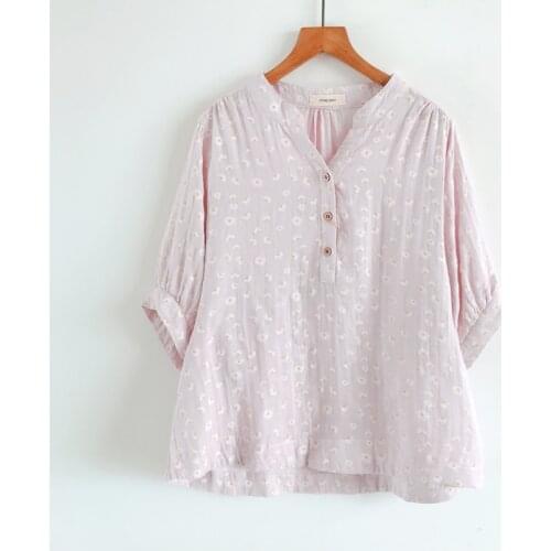 2020 New Summer Women Blouse Japan Style Fresh Floral Print V-Neck Loose Half Sleeve Shirt Women