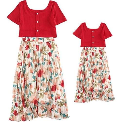 2021 New Style French Floral Chiffon Skirt Suit Dress Trend Wear Family Matching Outfit Mother And Daughter Clothing Summer