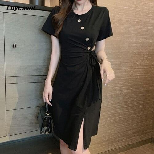 Solid Black Gothic Women Elegant Cross Dress Lady Button Crop O Neck Short Sleeve Dresses Split Hip Slim Korean Fashion Clothes
