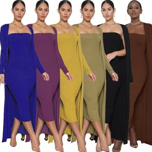 Dress Sets Matching Set Strapless Midi Dress and Long Sleeve Long Cardigan 2 Piece Set Women Summer 2021 Conjuntos De Vestido
