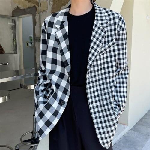 Different Plaid Splice Suit Jacket Men Korean Streetwear Chic Vintage Fashion Loose Casual Suit Jacket Blazers Man Suit Coat
