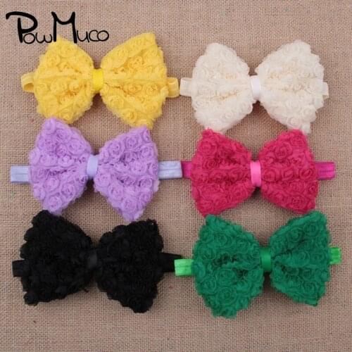 Powmuco 12 CM Fashion Handmade Rose Flowers Bowknot Toddler Elastic Headband Princess Headwear Baby Girls Clothing Ornaments