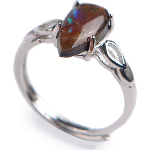 Adjustable Genuine Natural Ammolite Ammonite Stone Fashion Women Anniversary Gift Rings 11*6*3mm