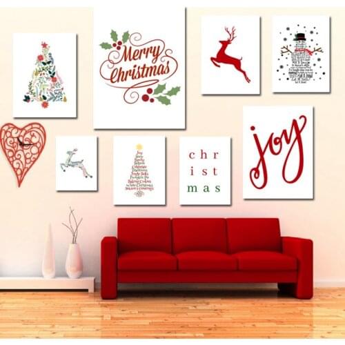 Christmas Decor Posters Merry Christmas Joy Quotes Elk Christmas Tree Watercolor Art Canvas Painting Picture Home Decor Wall Art