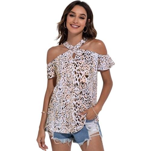 Sexy Off Shoulder Leopard Tshirt Top Femme Summer Short Sleeve O-neck Hollow Out T Shirts Women Clothing Black Print T Shirt