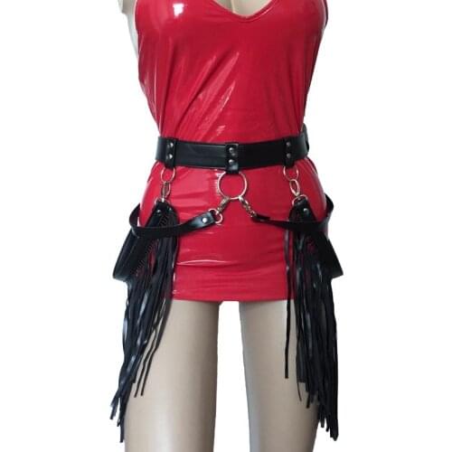 Sexy Women Faux Leather Waistband Waist Belt Skirt Fringe Tassel Hip Hop Body Harness Costume