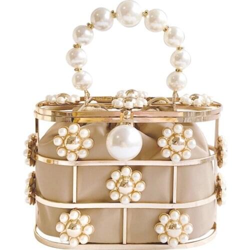 Bee In Fly High Quality Openwork Basket Design Bucket Pearls Portable Womens Luxury Party Handbags Evening Bag Cocktail Bag