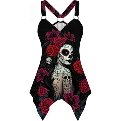 Fantasy Gothic Skull Printing Womens Sling Tops Sexy Backless Y2k Tank Top Fashion Casual Rose Pattern Vest 2020 Summer New