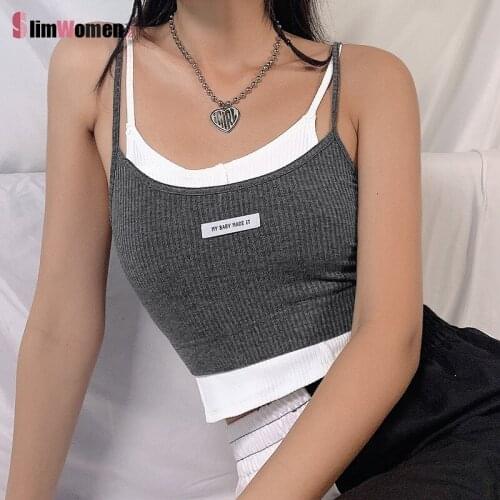 Fake Two Pieces Vest Knitted "MY BABY MADE IT" Streetwear Camisole Patchwork Tank Top Women Sports Crop Top Contrast Color Top