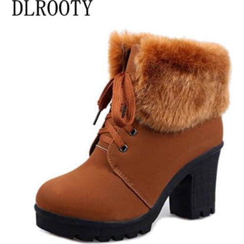 Women Ankle Snow Boots Martin Winter Warm High Heels 2018 Female Casual Shoes Woman Fashion Platform Solid Thick heel Lace Up