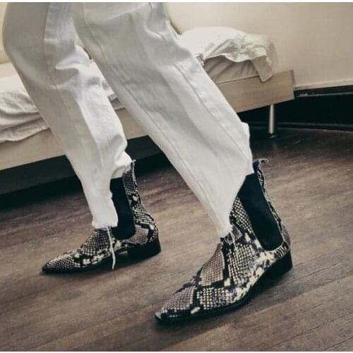 2019 New Hot Girls Cheap High Quality Python Snake Skin Pointed Toe Pu 3 cm Square Heels Slip On Short Martin Ankle Boots Lady