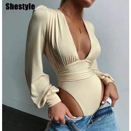 Shestyle Deep V Neck Lantern Sleeve Sexy Elegant Tight High Waist Ruched Solid New Arrivals Fashion Button Thong Bodysuits Women