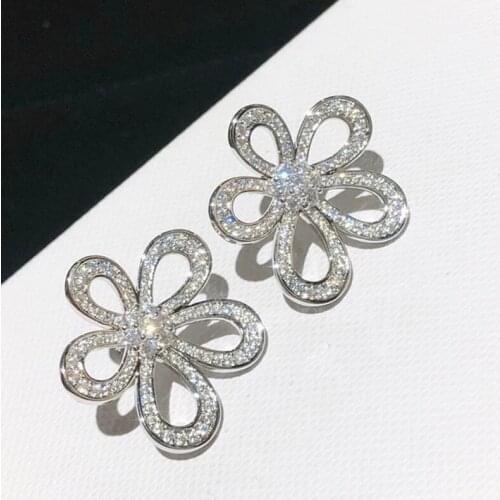AAA+ Quality Fashion Micro Mosaic CZ Crystals Cute Hollow Five Leaf Flower Silver Earrings Studs For Women Wedding Brand Jewelry