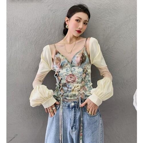Sexy Camisole Lantern Sleeve Top Women Summer Vintage Bandage Design Feeling Oil Painting Flowers Print Runway Top