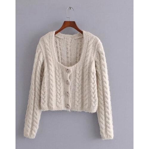 ZA Women New Autumn Winter Knitted Butto Decorati Loose Knit Sweater Coat Retro Solid Color Square Neck knitted Cardigan