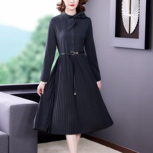 Spring Autumn Black Long Sleeeve Pleated Dress 2021 Women Casual Vintage Office Lady Midi Dress Korean Elegant Bodycon Vestidos