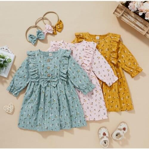 Sweety Girl’s Casual Long Sleeve Dress Fashion Floral Bow Ruffles A-line Short Dress Headband Girls Casual Dresses