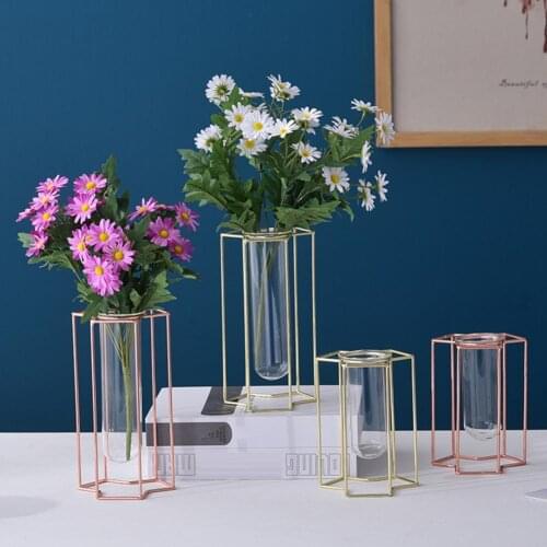 1 Pcs Nordic Golden Flower Vase Portable Glass Vase Iron Hydroponic Plant Flower Vase Tabletops Home Decoration Accessories