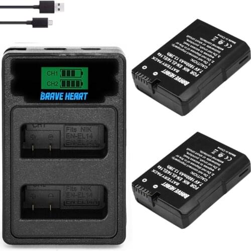 2pc x 1800mAH EN-EL14a EN-EL14 EL14 Battery Charger with Type C for Nikon D5600,D5500,D5300,D5200,D5100,D3200,D3300,P7800,P7100