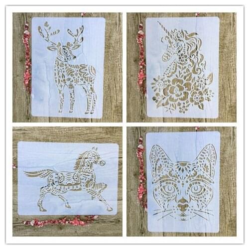 4pcs / set A4 animal unicorn horse deer cat Stencils Painting Coloring Embossing Scrapbook Album Decorative Template for walls