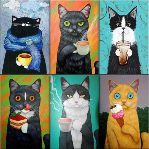DIY Painting By Numbers For Adults Abstract Animals Drinking Coffee Cat Pictures Painting On Canvas Home Decoration Great Gifts