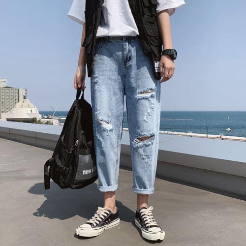 Jeans Mens Hole Korean Fashion Loose Versatile Wide Leg Straight Tube Pants Blue Movement Trend New Listing College 2021