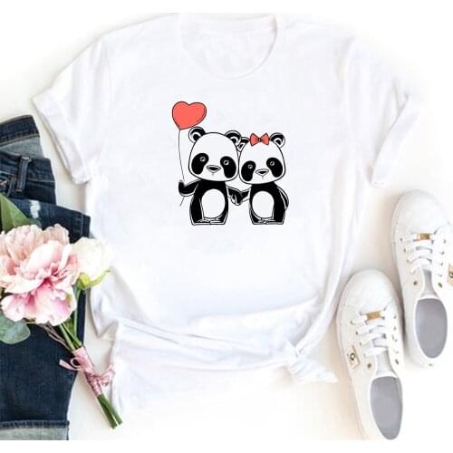 Two Cute Pandas T Shirt Women Funny Printing Women Tshirt Cotton Fcasual Tee Shirt Femme Valentines Day Kawaii Camiseta Mujer