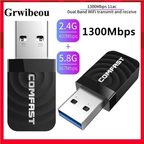GRWIBEOU CF-812AC Mini USB 3.0 Wireless Network Card 1300Mbps Ethernet WiFi Dongle Adapter Receiver 2.4/5.8 GHz Dual Band