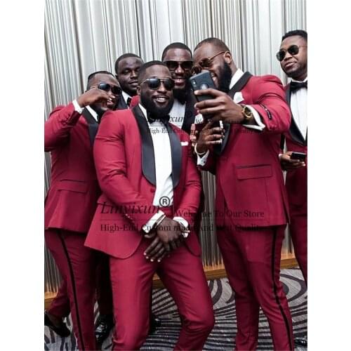 Burgundy Wedding Tuxedo for Groomsmen Dinner Party Black Shawl Lapel Slim Fit Men Suits African Male Blazer Men (Jacket + Pants)
