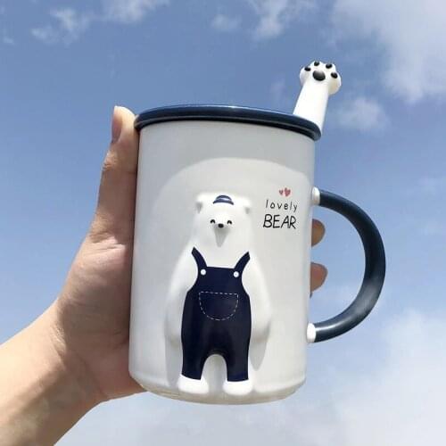 Creative 450ml Cartoon 3D Bib Pants Bear Animal Ceramic Coffee Mug With Lid Spoon Personality Office Home Tea Cup Couple Cup