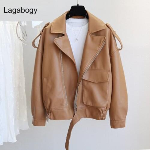 Lagabogy New Spring Autumn PU Faux Leather Jacket Women Loose Causal Moto Biker Coats Female Zipper Brown Oversized Outwear