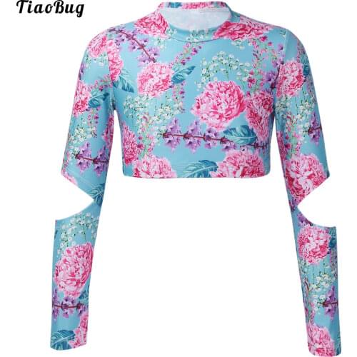 Summer Kids Girl Slight High Neck Long Sleeve Open Elbow Crease Printed Elastic Hem Crop Top For Gym Yoga Training Fitness Sport