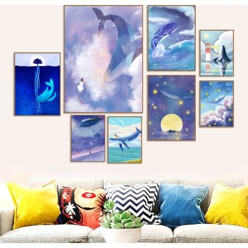 Dream Sea World Moon Star Whale Girl Wall Art Canvas Painting multicolor Nordic Posters And Prints Wall Pictures For Kids Room