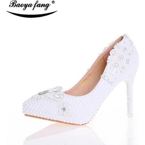 Fashion Pointed Toe White pearl Wedding dress shoes 10cm High heel platform shoes ladies High Pumps women female shoes