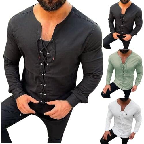 Men Clothing Spring Casual Top Pullovers Collarless Black Bandage Shirt Man Solid Color Fashion Shirt Long Sleeve Blouses
