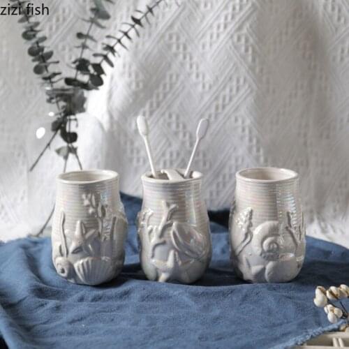 Seabed Relief Ceramic Bathroom Accessories Set Portable Soap Dispenser Shampoo Empty Bottle Soap Dish Mouth Cup Bath Supplies