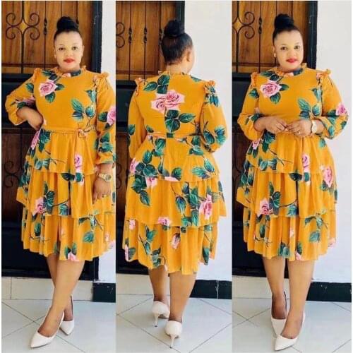 HGTE Party Dress Women Kaftan African Print Dashiki Chiffon Dress Elegant Ladies European Clothing Long Sleeve Floral Boho Dress