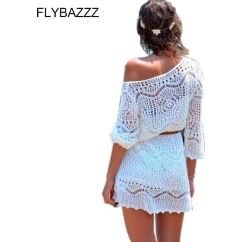 New Sexy Off Shoulder Lace Hollow Out Knit Beach Mini Dress With Belt Swimwear Crochet Bikini Cover Ups O-Neck White Women Dress