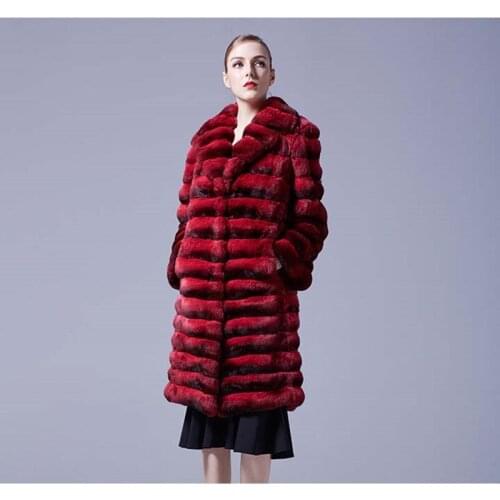 New Winter women Fur Coat Long Real Rex Rabbit Fur Lapel Red Luxury Wrap Coat Soft Thick Warm High Quality Chinchilla Outerwear