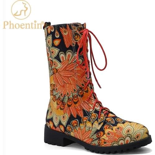 Phoentin flower printed boots heeled woman lace up boots mid-calf female large size fashion novelty 2020 low heel shoes FT1120