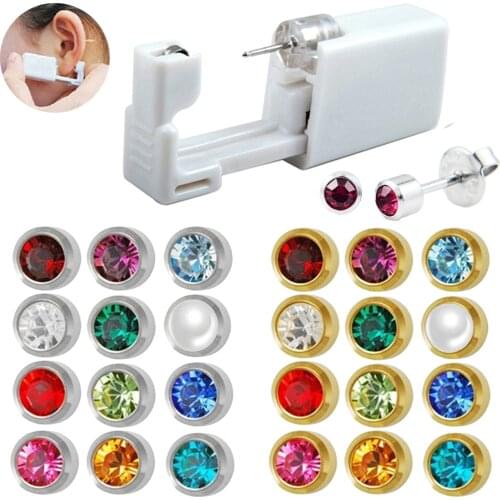 24PCS/BOX Sterile Disposable Home Use Safe&No Pain Ear Piercer Device Cartilage Piercing Gun Kit Built In CZ Birthstone Earring