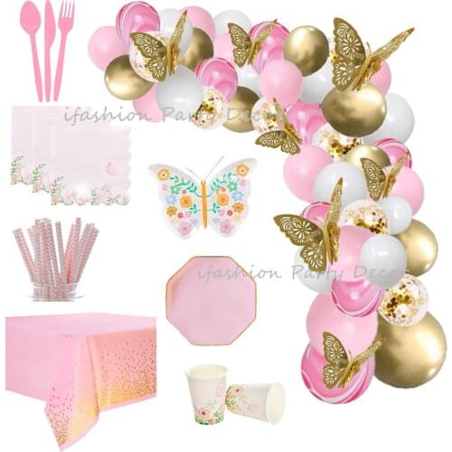 Pink Gold Butterfly Party Tableware Decorations Balloon Garland Kit Plates Cups Napkins for Wedding Baby Shower Girls Birthday